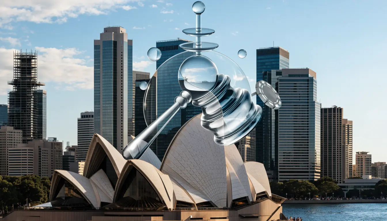 Australian city skyline with regulatory icons overlay