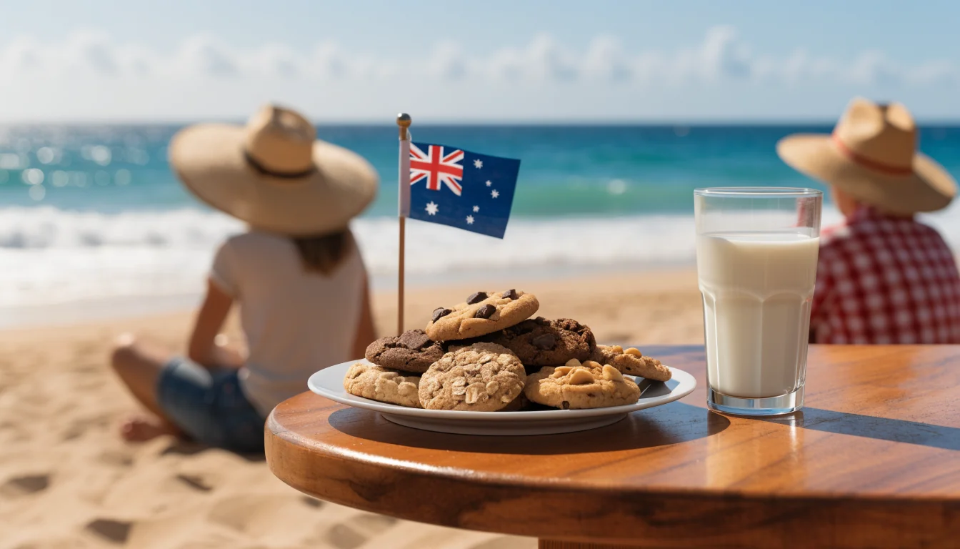 Australian beach table with cookies and milk