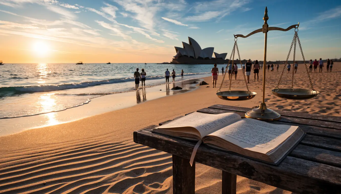 Australian beach sunrise with legal ledger and scales of justice
