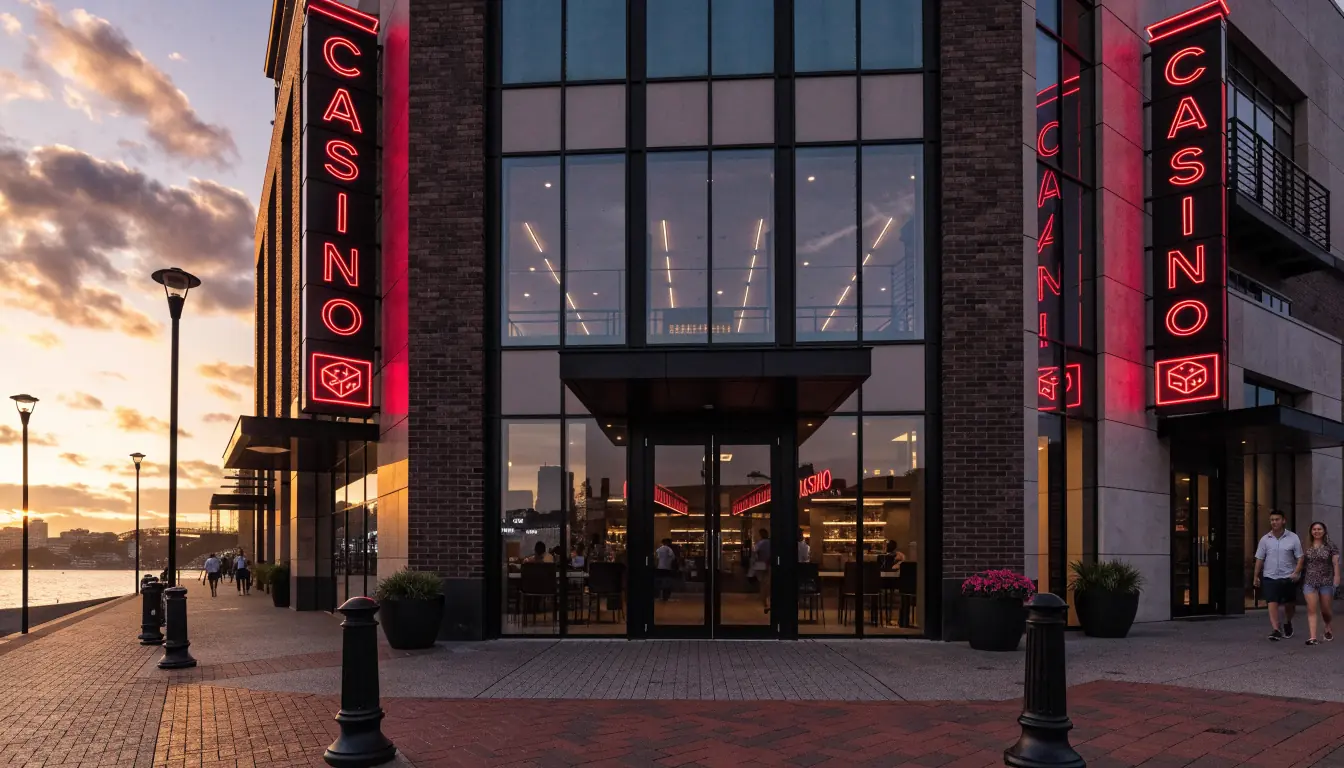 Australian casino exterior at dusk with Harbour Bridge reflection