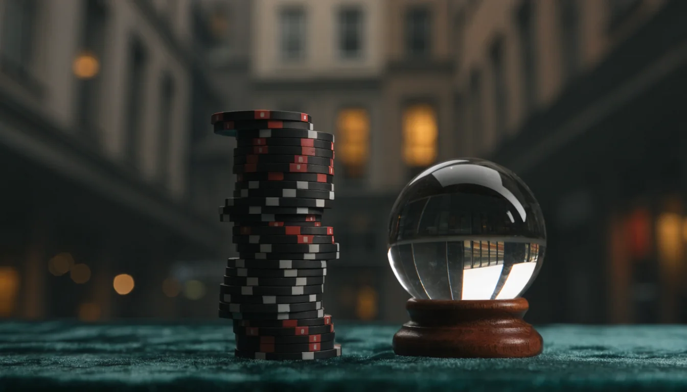 Poker chips and crystal ball on velvet surface