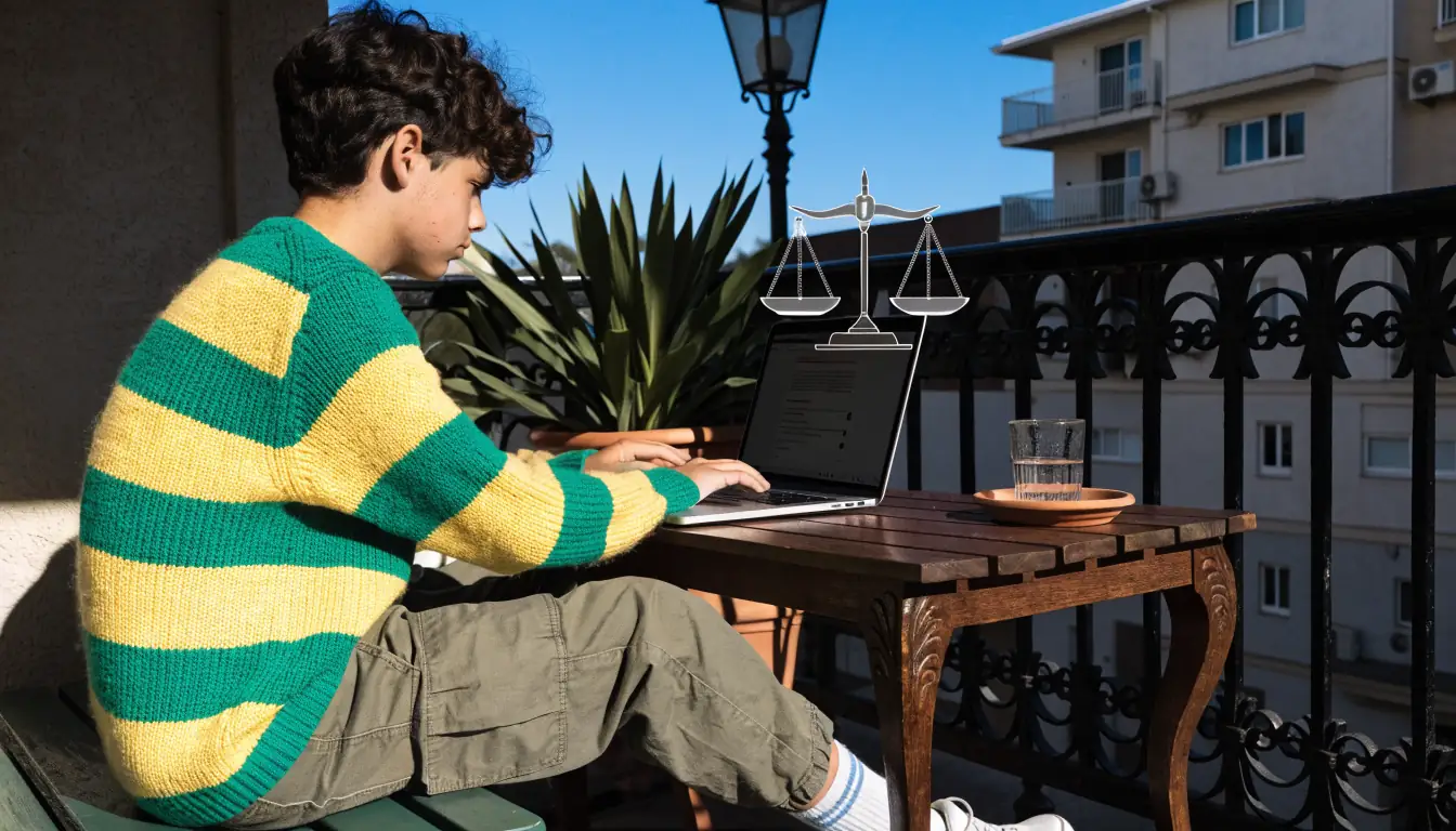 Teen on balcony with legal scales over laptop
